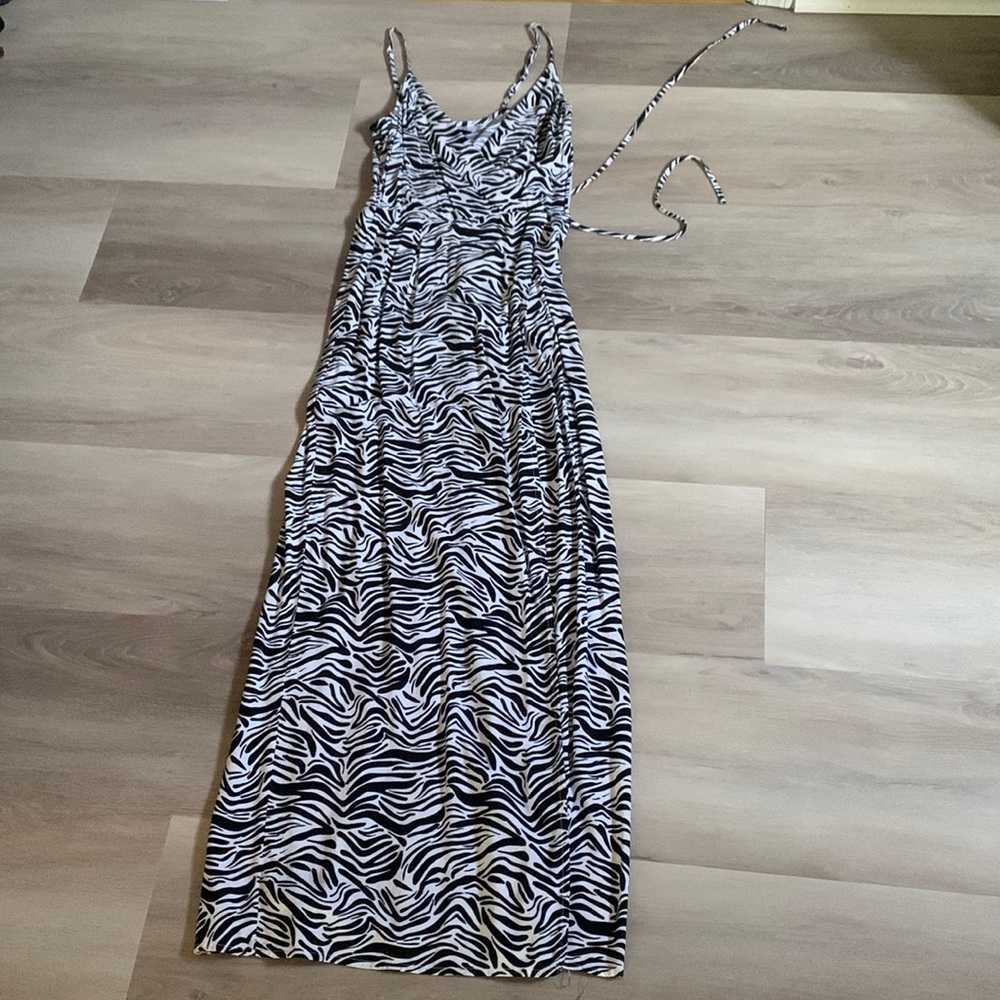 Zebra print maxi dress with a leg slit and side zipper